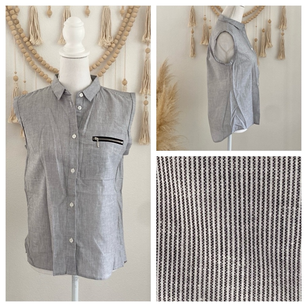 French Connection striped sleeveless linen top button down collared shirt 4